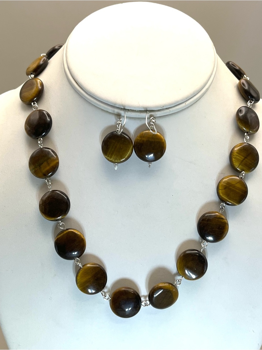 Sterling Silver Tiger's Eye Necklace & Earrings Set | Handmade 925 Boho Coin